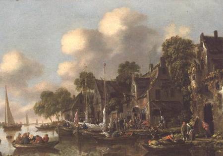 A river landscape with boats and figures by a tavern from Thomas Heeremans