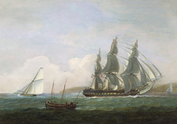 A frigate running under full sail, with a cutter and a lugger off the West Country from Thomas Luny
