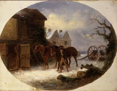 Boy leading horses to a barn in the snow from Thomas Smythe