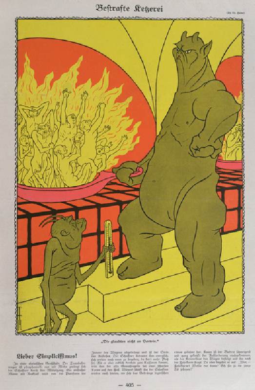 The Devil Burning the Disbelievers, from Simplicissimus, 12th October 1925 (colour litho) from Thomas Theodor Heine