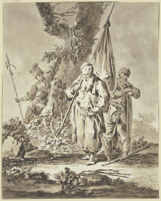 Ein alter Mann mit Fahne und Degen sowie zwei weitere Figuren, allesamt den Blick zu Boden gesenkt,  from Tiberius Dominikus Wocher