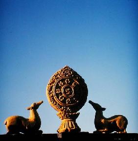 A 'Cakra' on the roof of a Lamasery in northern India, founded by Tibetans in exile
