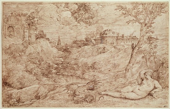 Landscape with a Dragon and a Nude Woman Sleeping (pen & ink and wash on paper) from Tizian (eigentl. Tiziano Vercellio)