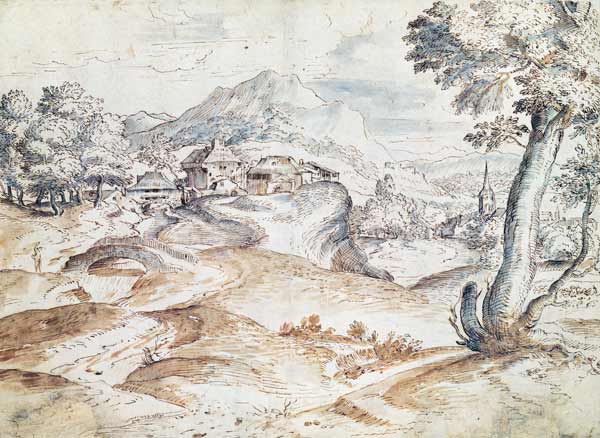 Wooded landscape with village and church (wash & ink on paper) from Tizian (eigentl. Tiziano Vercellio)