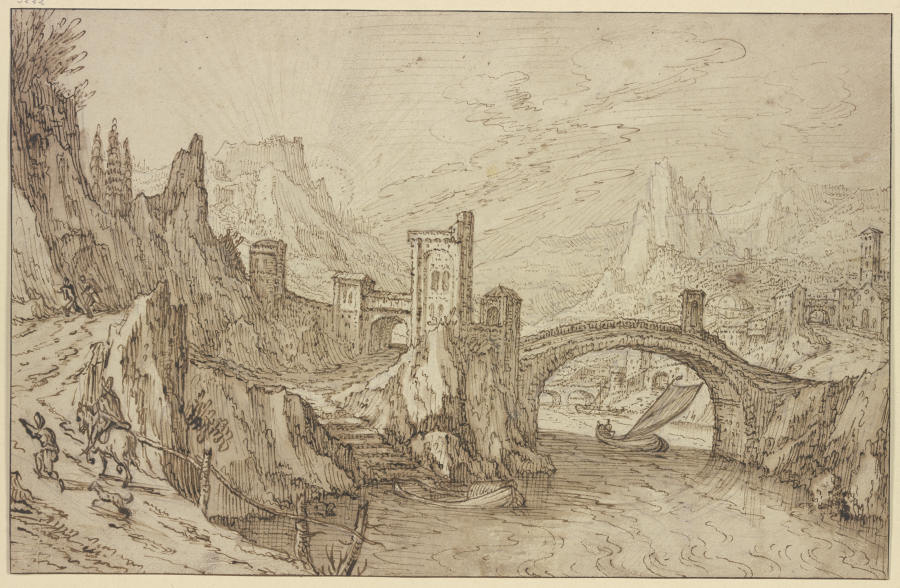 Felsiges Flußtal, im Vordergrund eine Bogenbrücke, rechts eine Stadt from Tobias Verhaecht