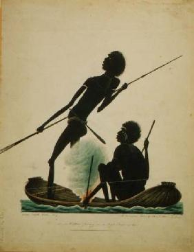 Natives fishing in a bark canoe