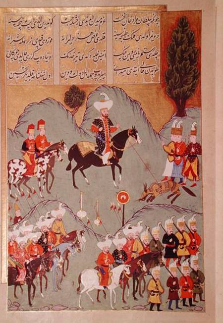 Sultan Murad I (c.1326-1389) hunting a wolf, from 'Hunernama' (Mss Hazine. 1524 f.83v) from Turkish School