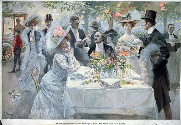 'In a restaurant in the Bois de Boulogne in Paris', late 19th century (colour litho) from U de Parns