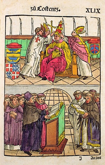 Pope Martin V is installed to the Papacy at the Council of Constance, from ''Chronik des Konzils von from Ulrich von Richental