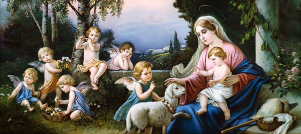 Maria mit Jesuskind, Schaf und Putten in einer idealisierten Landschaft. from (um 1900) Anonym