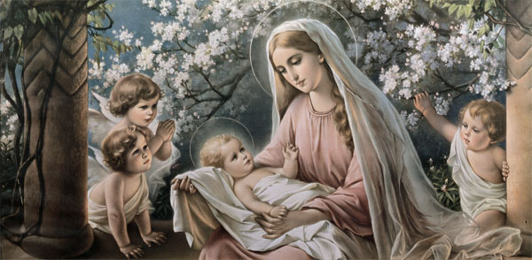 Maria unter Kirschblüten mit Jesuskind und Engeln from (um 1900) Anonym