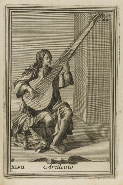 Archlute. Illustration from Gabinetto armonico pieno d'instrumenti sonori by Filippo Bonanni from Unbekannter Künstler