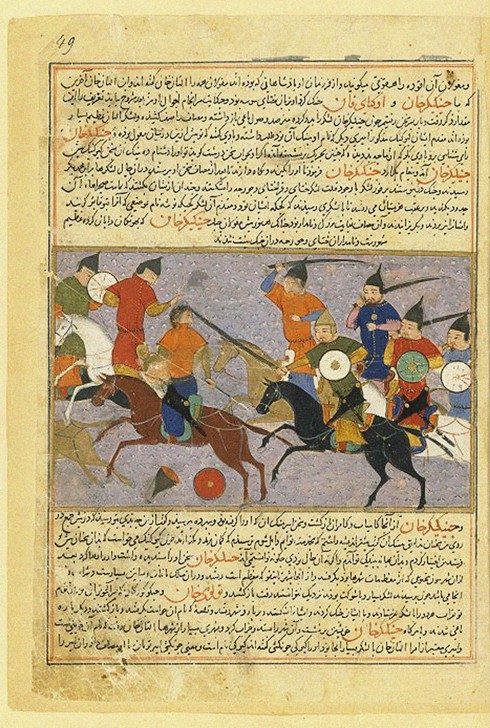 Battle between the Mongol and Jin Jurchen armies in north China in 1211. Miniature from Jami' al-taw from Unbekannter Künstler