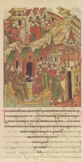 Novgorod veche. Archbishop Spyridon at Court of Yaroslav II Vsevolodovich (From the Illuminated Comp