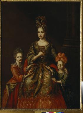 Portrait of Anastasiya Yakovlevna Naryshkina with children Alexandra Kirillovna und Tatyana Kirillov