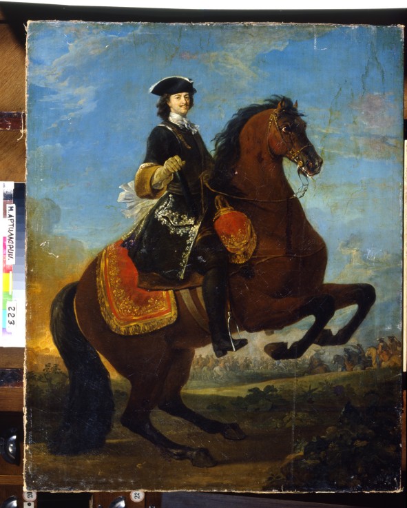 Equestrian Portrait of Peter I with a battle of the Great Northern War in the background from Unbekannter Künstler