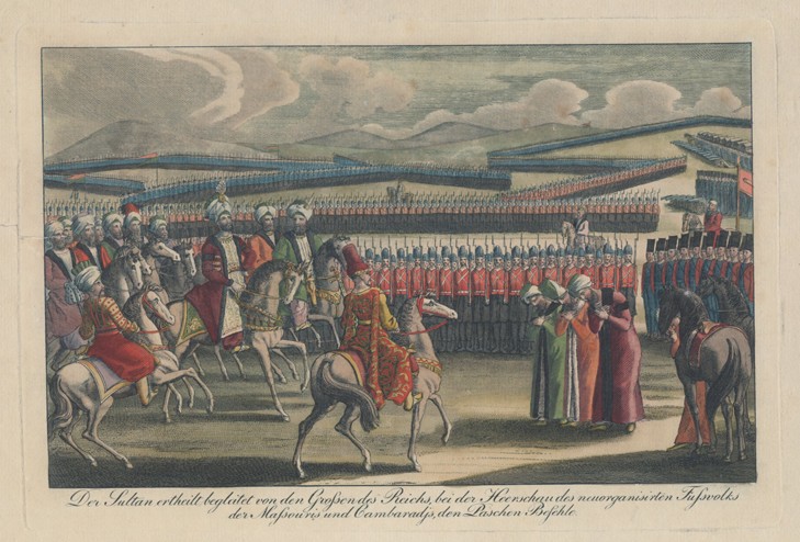 Selim III, Sultan of the Turks, welcomed to his new infantry review in countryside from Unbekannter Künstler