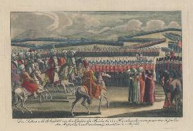 Selim III, Sultan of the Turks, welcomed to his new infantry review in countryside