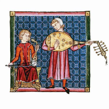 Two minstrels. Illustration from the codex of the Cantigas de Santa Maria