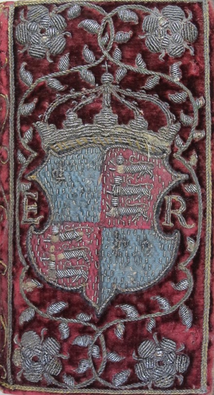 Embroidered velvet binding on John Udall's Sermons with the arms of Elizabeth I from Unbekannter Meister