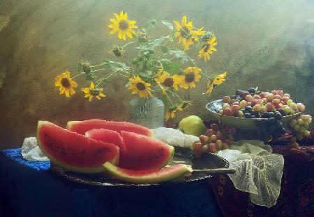 Stillleben mit Wassermelone und Trauben