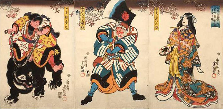 Drei Hauptdarsteller (Aus dem Kabuki-Schauspiel Japanische Beispiele von Gefolgstreue und Kindeslieb from Utagawa Kunisada
