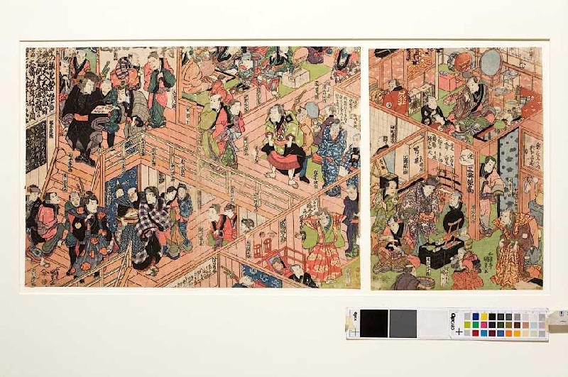 Blick vom zweiten Stockwerk ins Innere des Ichimura-Theaters in Edo from Utagawa Kunisada