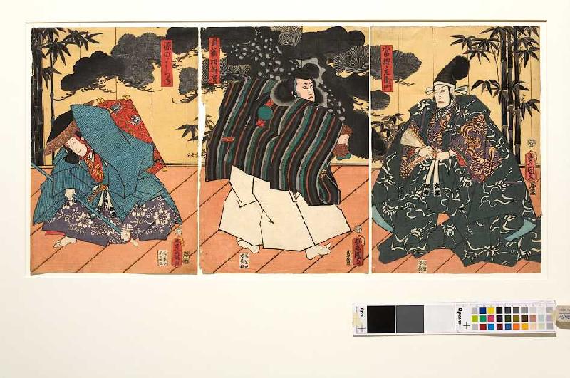 Minamotono Yoshitsune und Musashibo Benkei vor Fürst Togashino Saemon (Aus dem Kabuki-Schauspiel Ben from Utagawa Kunisada