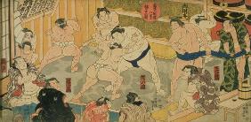 One of eight views of Kanjin Sumo, pub. by Tsutaya, 19th century, (triptych, oban size, colour woodb