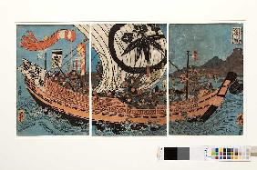 Tametomo und sein Gefolge auf ihrem Schiff, mit Oniyasha als Lotse