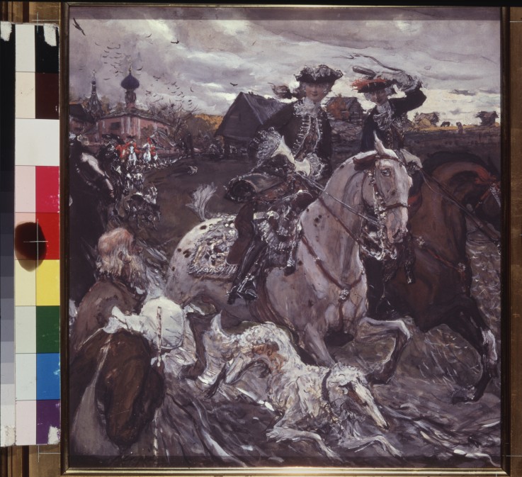 Ride of Tsar Peter II and Crown princess Elizabeth to the hunt from Valentin Alexandrowitsch Serow