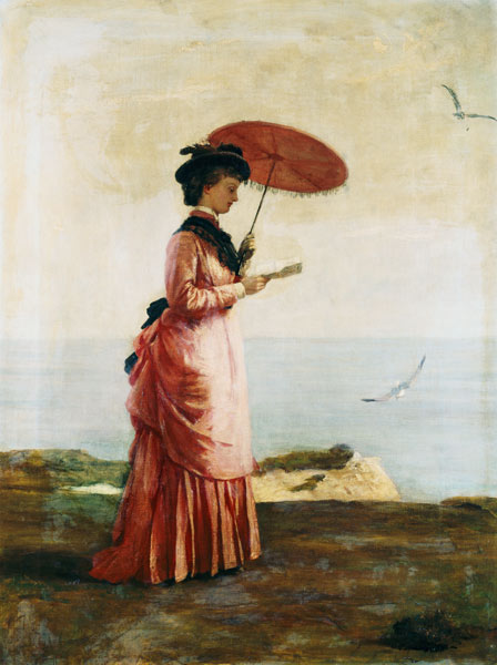 Frau mit Sonnenschirm am Strand der Insel Wight, ein Buch lesend (Emily Prinsep) from Valentine Cameron Prinsep