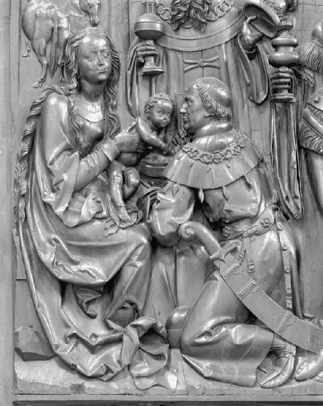 Der Bamberger Altar (Detail aus der Anbetung der Könige): Maria und der kniende König from Veit Stoß
