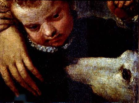 Portrait of a Woman with a Child and a Dog, detail of the heads of the child and the dog from Veronese, Paolo (eigentl. Paolo Caliari)