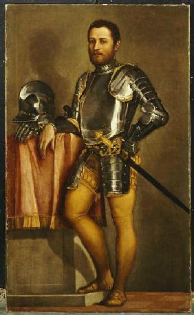 Portrait eines Herrn in Rüstung, mit Schwert und Helm.