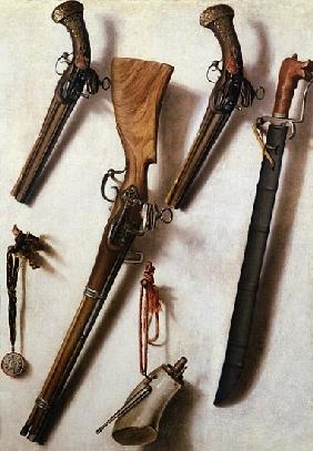 Trompe L''Oeil with Rifles, Sword and Gunpowder Horn
