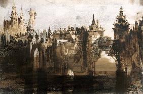 Town with a Broken Bridge (graphite, India ink and sepia on
