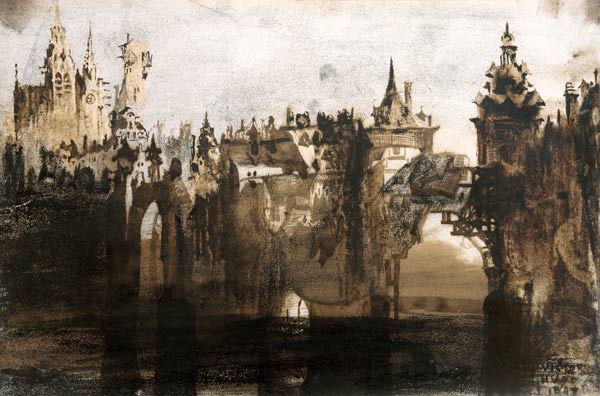 Town with a Broken Bridge (graphite, India ink and sepia on from Victor Hugo