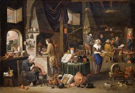 Interior with an alchemist and his assistants.