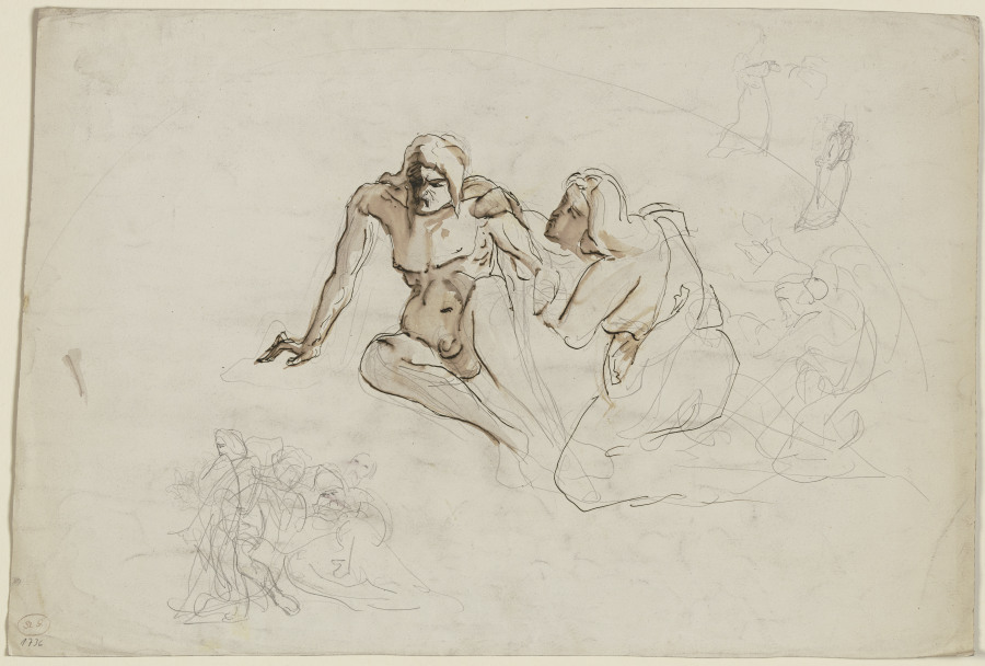 Auf dem Boden sitzender, übellauniger männlicher Akt, von einer neben ihm knienden weiblichen Gestal from Victor Müller