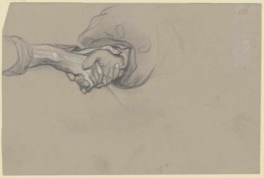 Die ineinander gelegten rechten Hände einer Frau und eines einen Handschuh tragenden Mannes, mit ang from Victor Müller