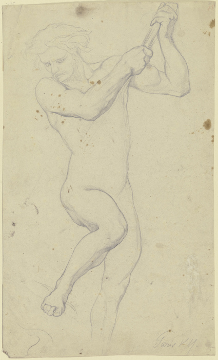 Ein Gefährte des Odysseus als Aktfigur, eine Stange in den Boden stoßend, aus "Odysseus und die Sire from Victor Müller