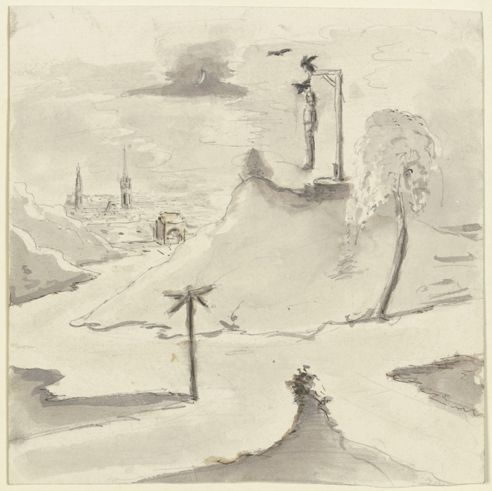 Ein Mann hängt am Galgen, im Hintergrund eine Stadt from Victor Müller