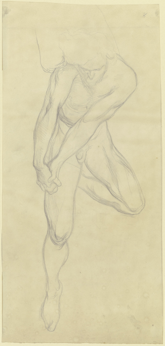Männlicher Akt mit stark angewinkeltem aufgelegtem linken Bein, die Hände vor dem Körper gefaltet, a from Victor Müller