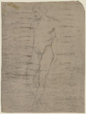 Stehender männlicher Akt von vorn, mit gekreuzten Beinen, den gesenkten Kopf im Profil nach links