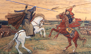 Peresvet und Tschelubey kämpfen auf dem Kulikov-Schlachtfeld 1380 from Viktor Michailowitsch Wasnezow
