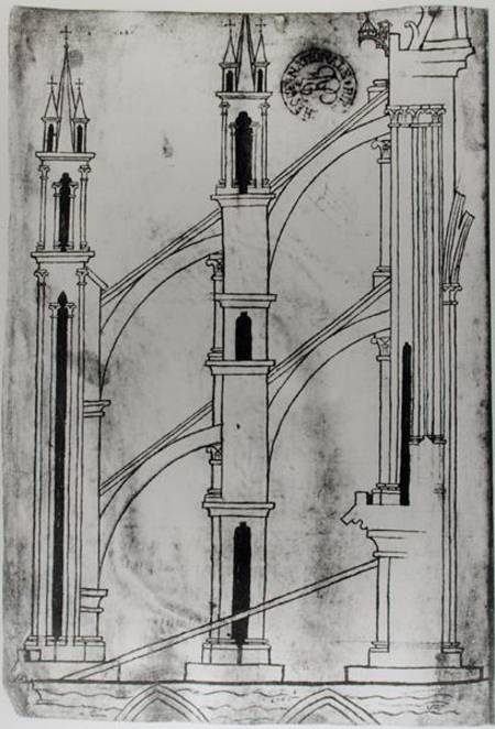 Ms Fr 19093 f.32v Section of the wall and arch of the absidial chapels of Reims Cathedral (facsimile from Villard  de Honnecourt