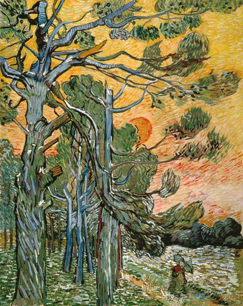 Kiefern mit untergehender Sonne und weiblicher Figur from Vincent van Gogh