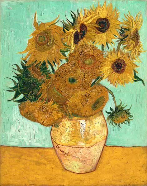 Zwölf Sonnenblumen in einer Vase mit grünem Hintergrund from Vincent van Gogh