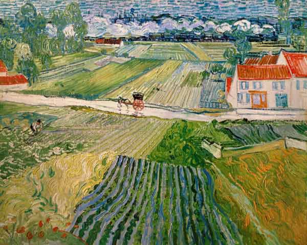 Landschaft mit Pferdewagen und Zug im Hintergrund from Vincent van Gogh